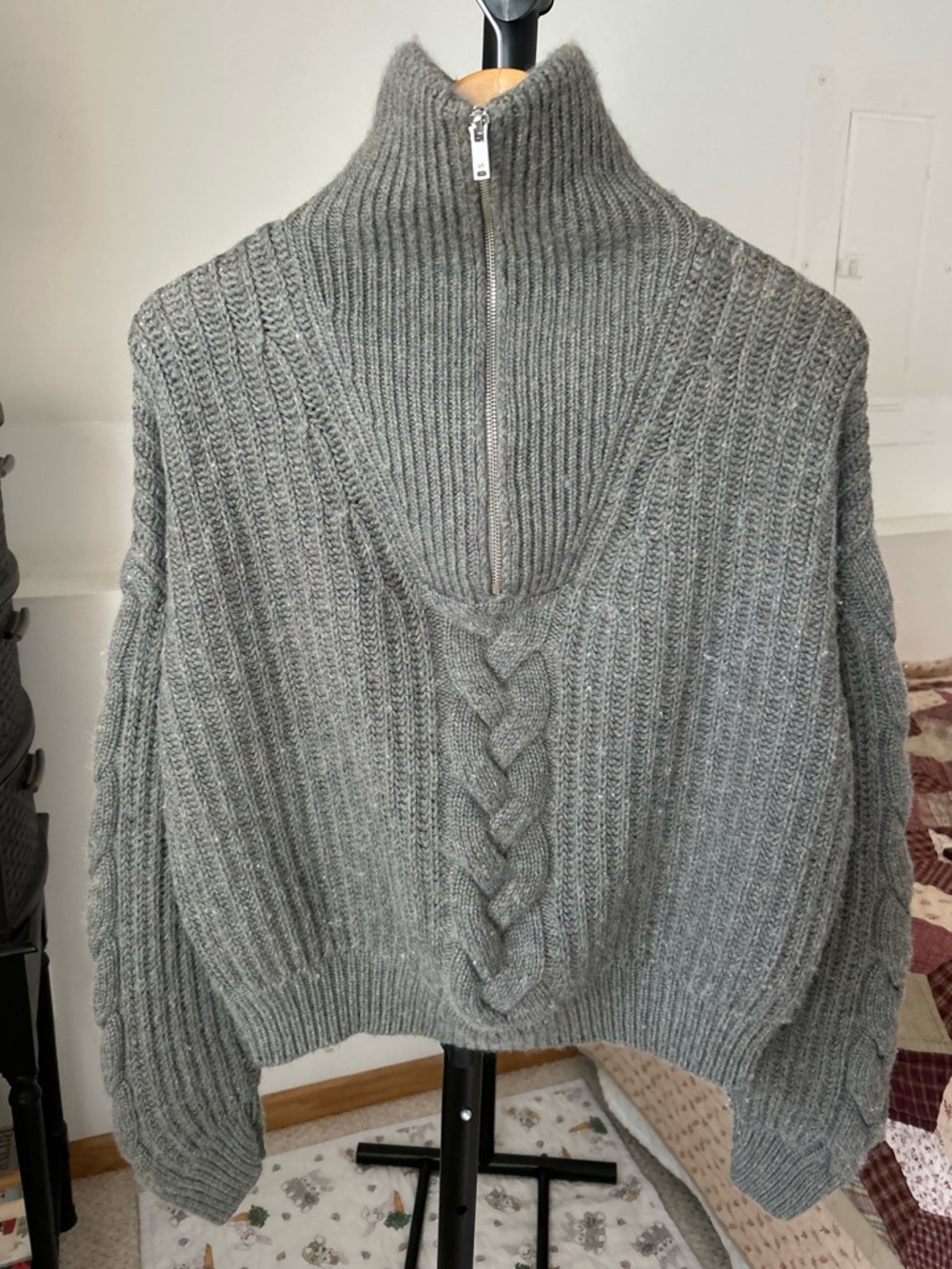 Naadam Wool Cashmere Mock Neck 1/4 Zip Pullover Cable Knit Sweater